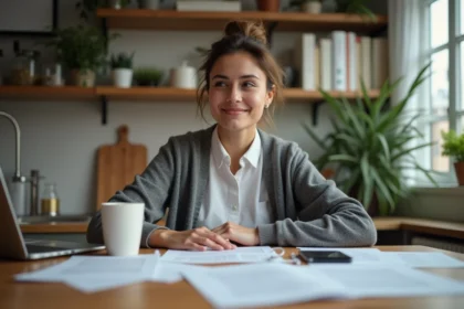 Femme concentrée travaillant à la maison avec papiers et ordinateur