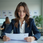 Jeune femme en bureau remplissant documents de voiture