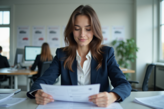 Jeune femme en bureau remplissant documents de voiture