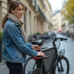 Femme déverrouillant un vélo électrique à Paris