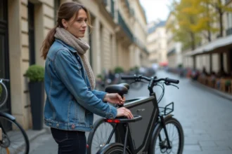 Femme déverrouillant un vélo électrique à Paris