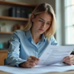 Jeune femme examinant son permis de conduire papier pour vérifier ses informations personnelles à son bureau