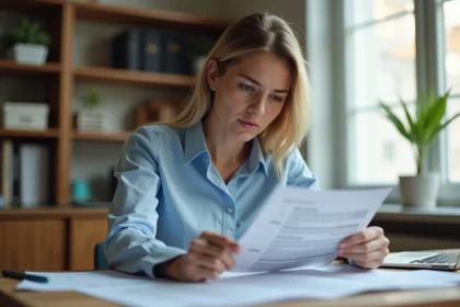 Jeune femme examinant son permis de conduire papier pour vérifier ses informations personnelles à son bureau