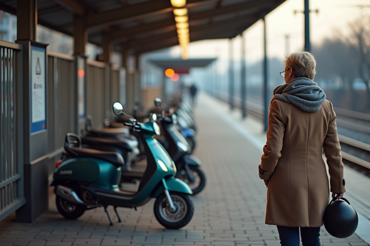 Femme examine un parking à scooters près de la gare