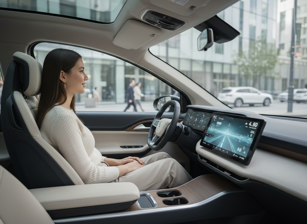 Jeune femme dans voiture autonome avec tableau de bord numérique