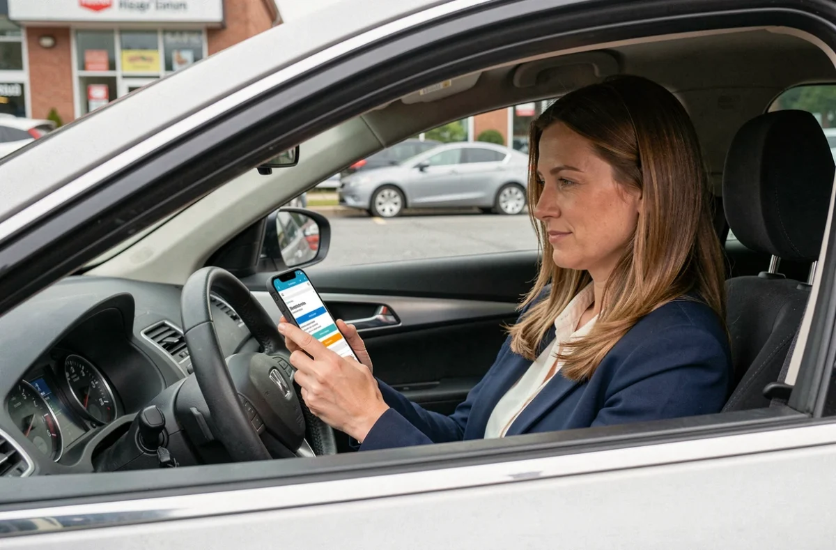 Femme dans sa voiture consultant une comparaison d'assurances auto sur smartphone après une résiliation