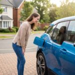 Jeune femme inspectant une voiture électrique dans une allée résidentielle