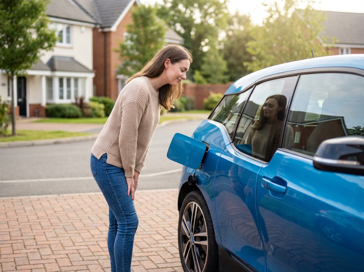 Jeune femme inspectant une voiture électrique dans une allée résidentielle