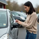 Femme examinant le prix d'une voiture d'occasion compacte dans un parking de concessionnaire pour petits budgets
