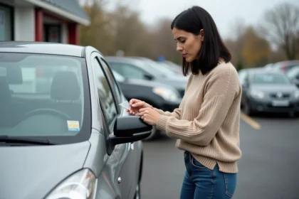 Femme examinant le prix d'une voiture d'occasion compacte dans un parking de concessionnaire pour petits budgets