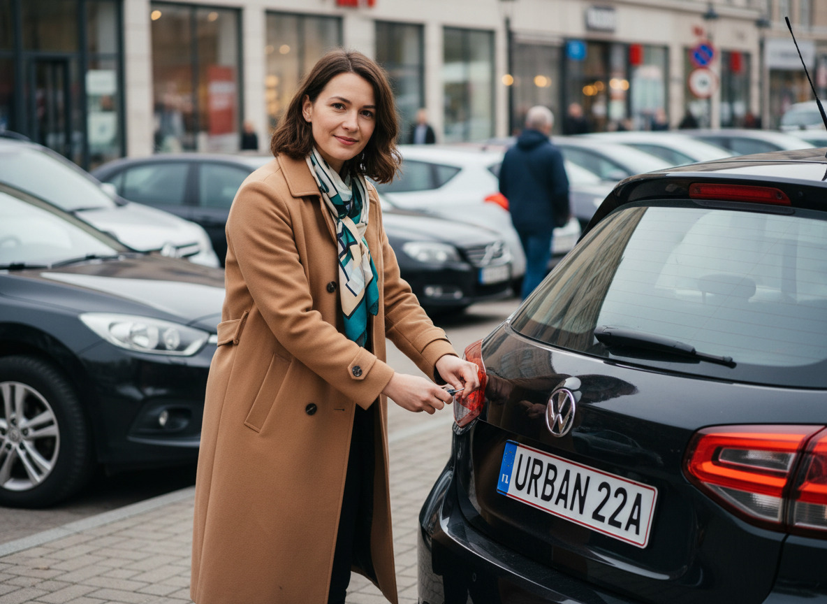 Jeune femme posant une plaque sur une voiture moderne en ville