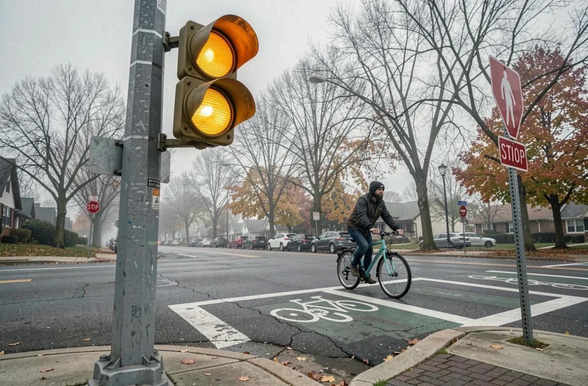 Feu tricolore orange en gros plan depuis le trottoir avec un cycliste arrêté à la ligne stop