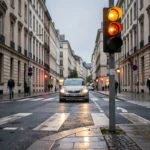 Feu de signalisation orange à une intersection urbaine sous la pluie avec une voiture en train de freiner