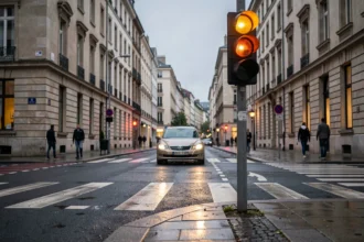 Feu de signalisation orange à une intersection urbaine sous la pluie avec une voiture en train de freiner