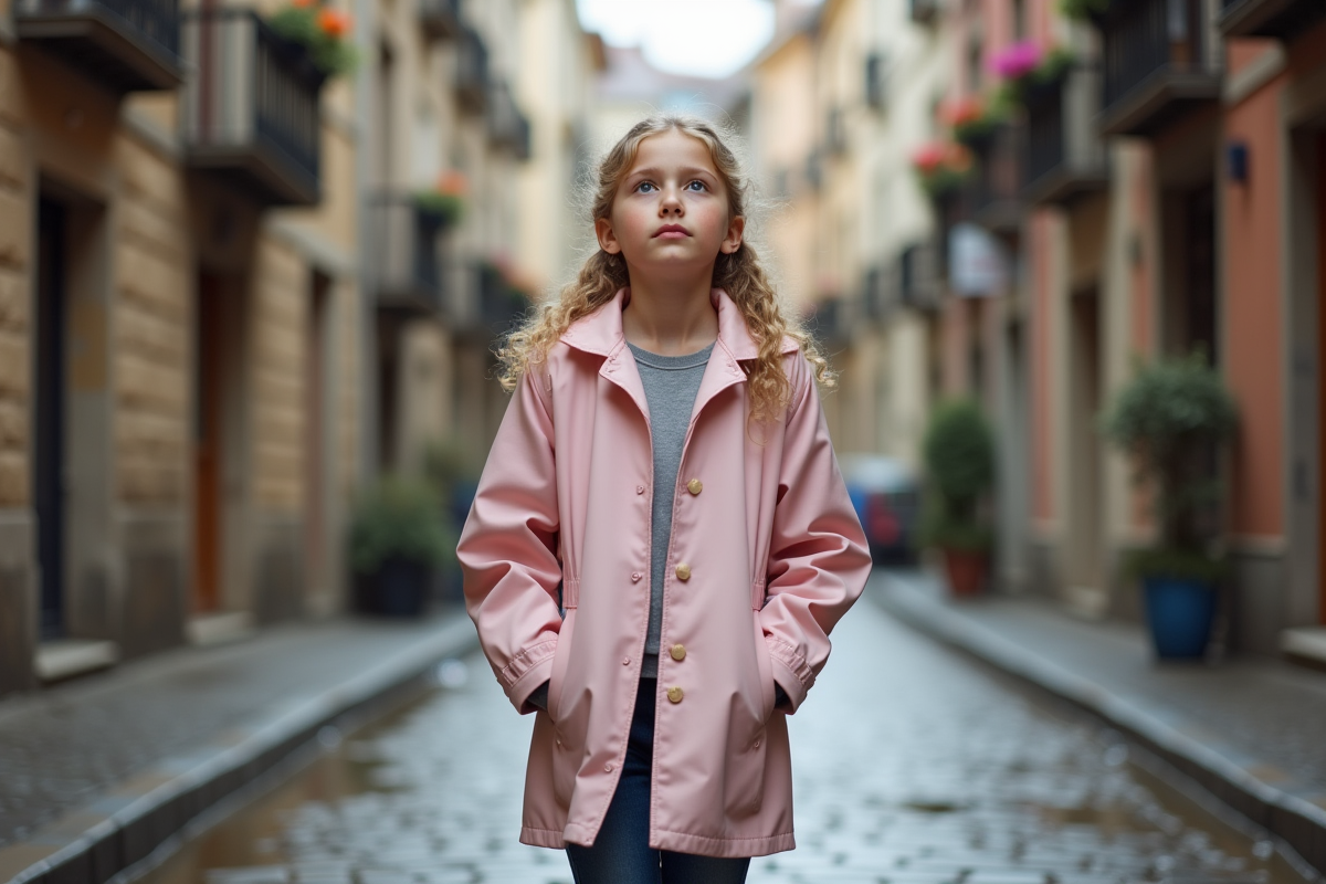 Adolescente en imperméable dans une rue pavée