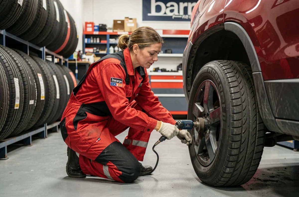 Mécanicienne du Garage Barre effectuant un changement de pneu avec une clé pneumatique dans l'atelier