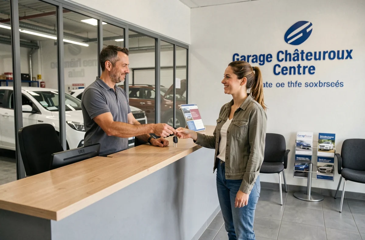 Réception du Garage Châteauroux Centre avec un conseiller remettant les clés d'un véhicule à une cliente