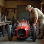 Mécanicien dans un garage de course italien des années 1920 travaillant sur une voiture de course rouge vintage, ambiance historique Scuderia Ferrari
