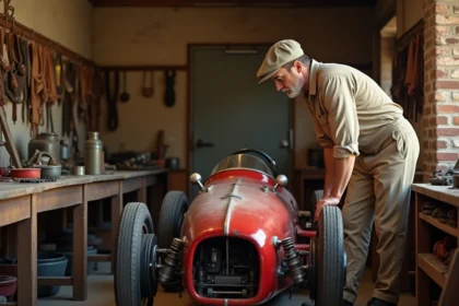 Mécanicien dans un garage de course italien des années 1920 travaillant sur une voiture de course rouge vintage, ambiance historique Scuderia Ferrari