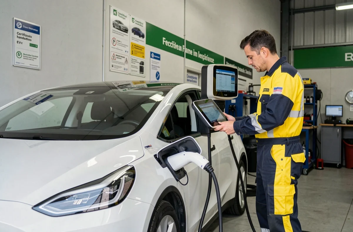 Technicien dans un garage habilité véhicules électriques de l'Indre supervisant la charge d'une voiture électrique blanche
