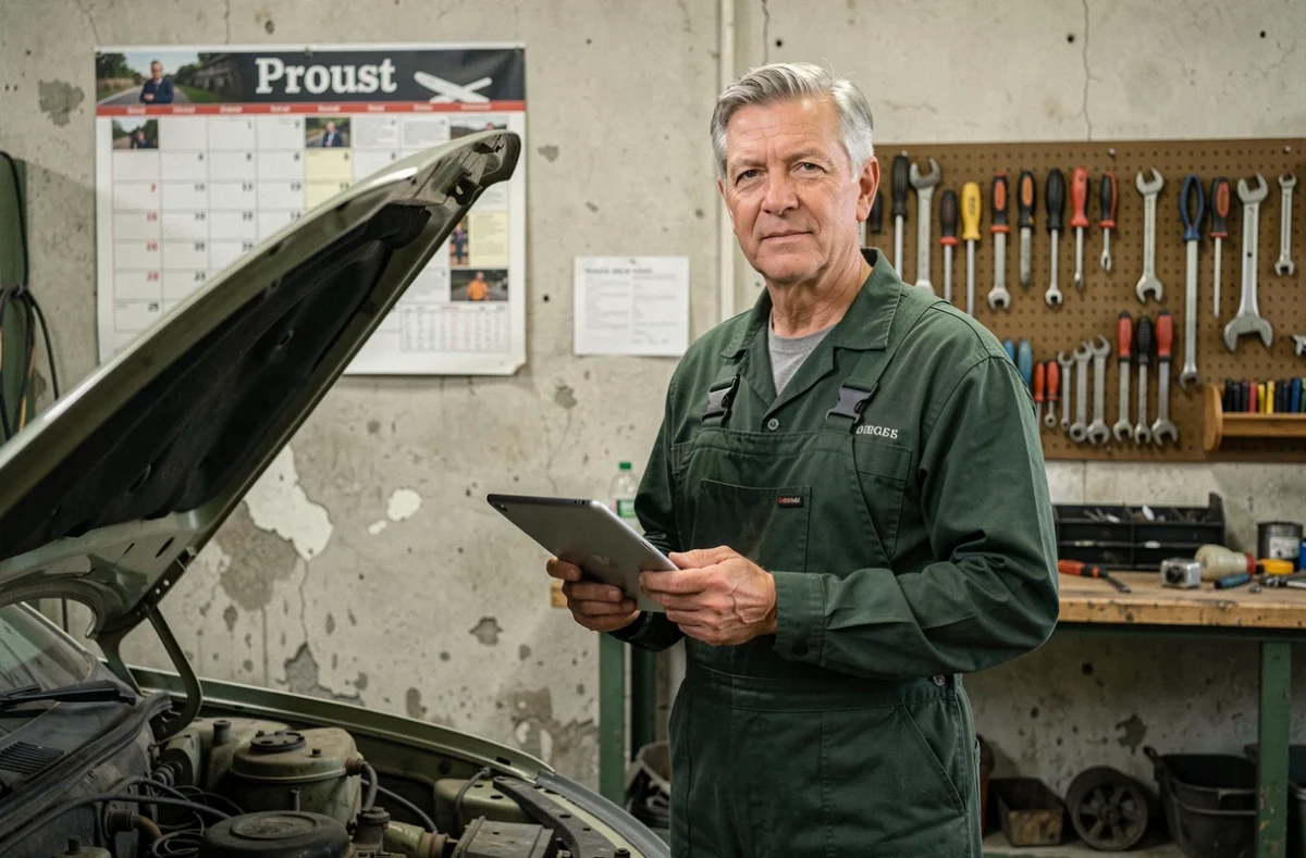 Mécanicien expérimenté du Garage Proust tenant une tablette de diagnostic devant le capot ouvert d'un véhicule