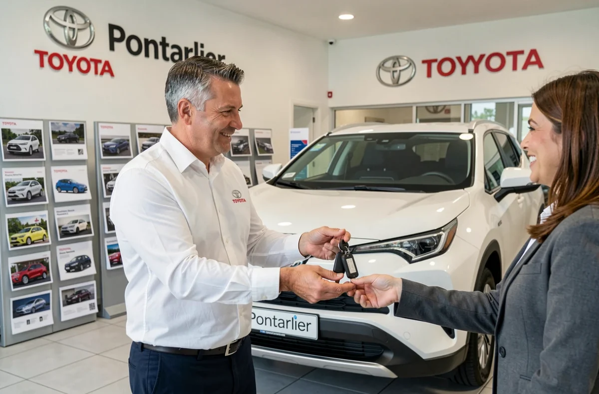 Conseiller du Garage Sanseigne Pontissalien remettant les clés d'un Toyota neuf à une cliente dans le showroom Toyota de Pontarlier