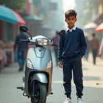 Garçon indien de 14 ans avec scooter électrique en ville