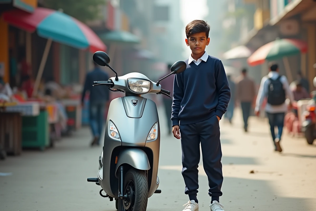 Garçon indien de 14 ans avec scooter électrique en ville