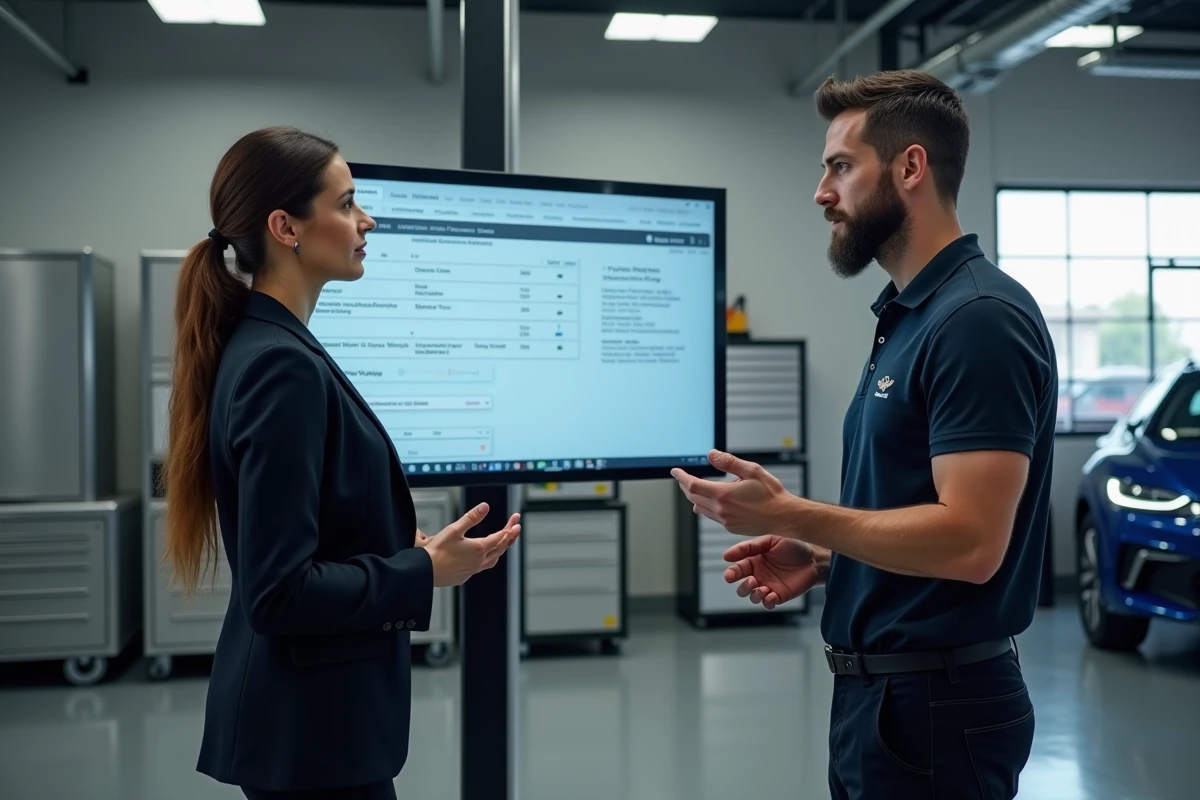 Gestionnaires d atelier automobile discutant devant écran digital