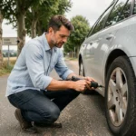 Homme gonflant un pneu de voiture avec un gonfleur portable sur une route de campagne française