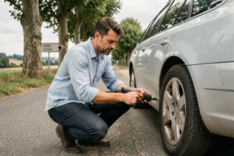 Homme gonflant un pneu de voiture avec un gonfleur portable sur une route de campagne française