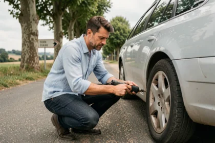 Homme gonflant un pneu de voiture avec un gonfleur portable sur une route de campagne française
