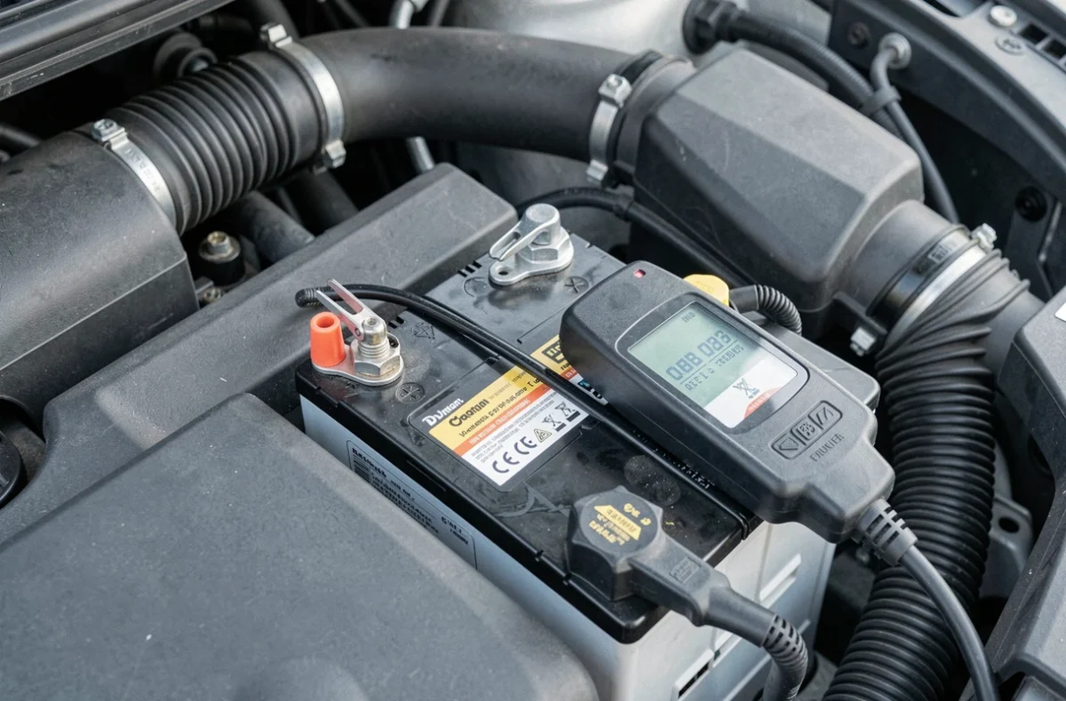 Gros plan sur une batterie de voiture partiellement débranchée avec un scanner OBD2 posé à côté dans le compartiment moteur