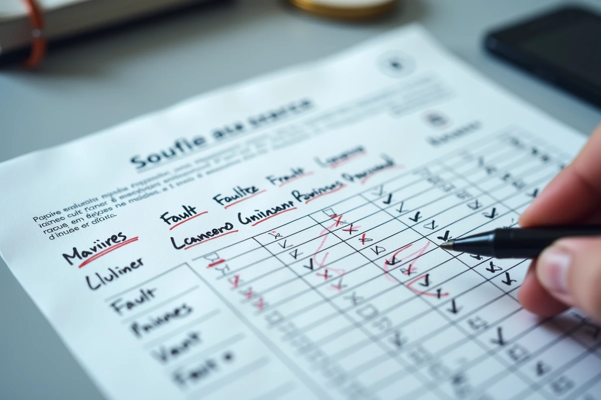 Gros plan sur une grille officielle d'évaluation du permis de conduire avec annotations manuscrites