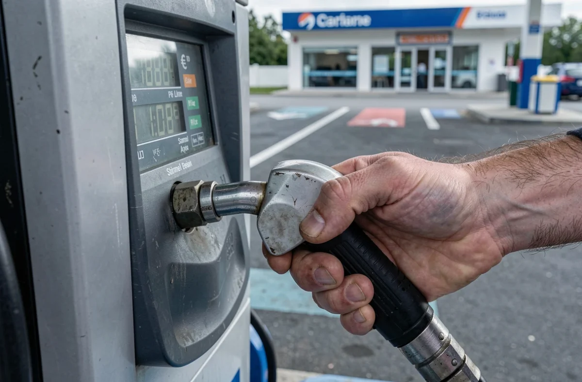 Gros plan sur le compteur d'une pompe à carburant affichant le prix de l'essence au litre dans une station-service de la région de Roanne