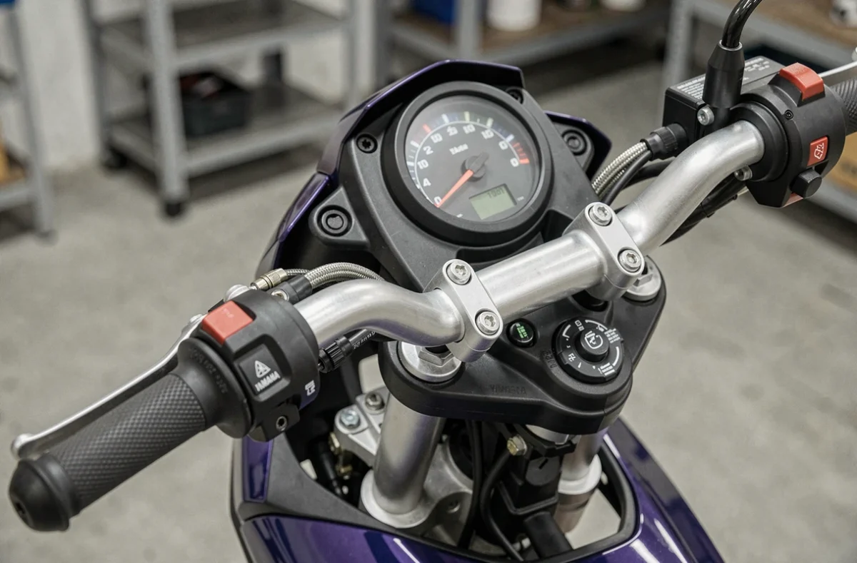 Gros plan sur le tableau de bord numérique et le guidon de la Yamaha MT-125 en atelier