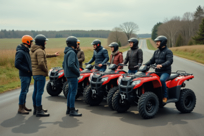 Groupe d'adultes autour de quads en campagne