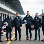 Groupe de collègues devant des voitures de sport au circuit