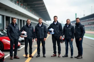 Groupe de collègues devant des voitures de sport au circuit