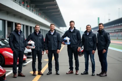 Groupe de collègues devant des voitures de sport au circuit