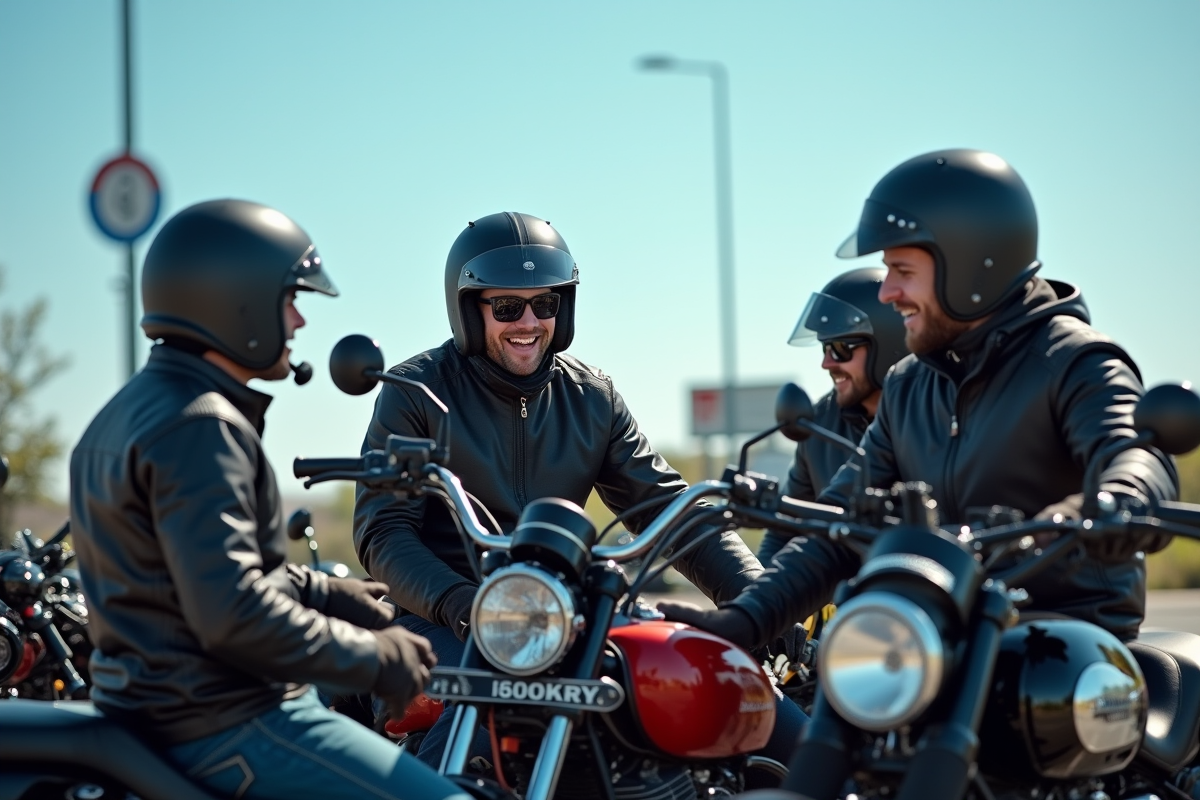 Groupe de motards discutant au repos avec casques micro