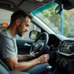 Homme consultant l'autoradio d'une voiture dans un garage pour retrouver le code ou le numéro de série