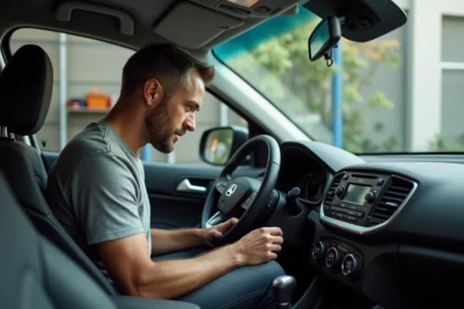 Homme consultant l'autoradio d'une voiture dans un garage pour retrouver le code ou le numéro de série