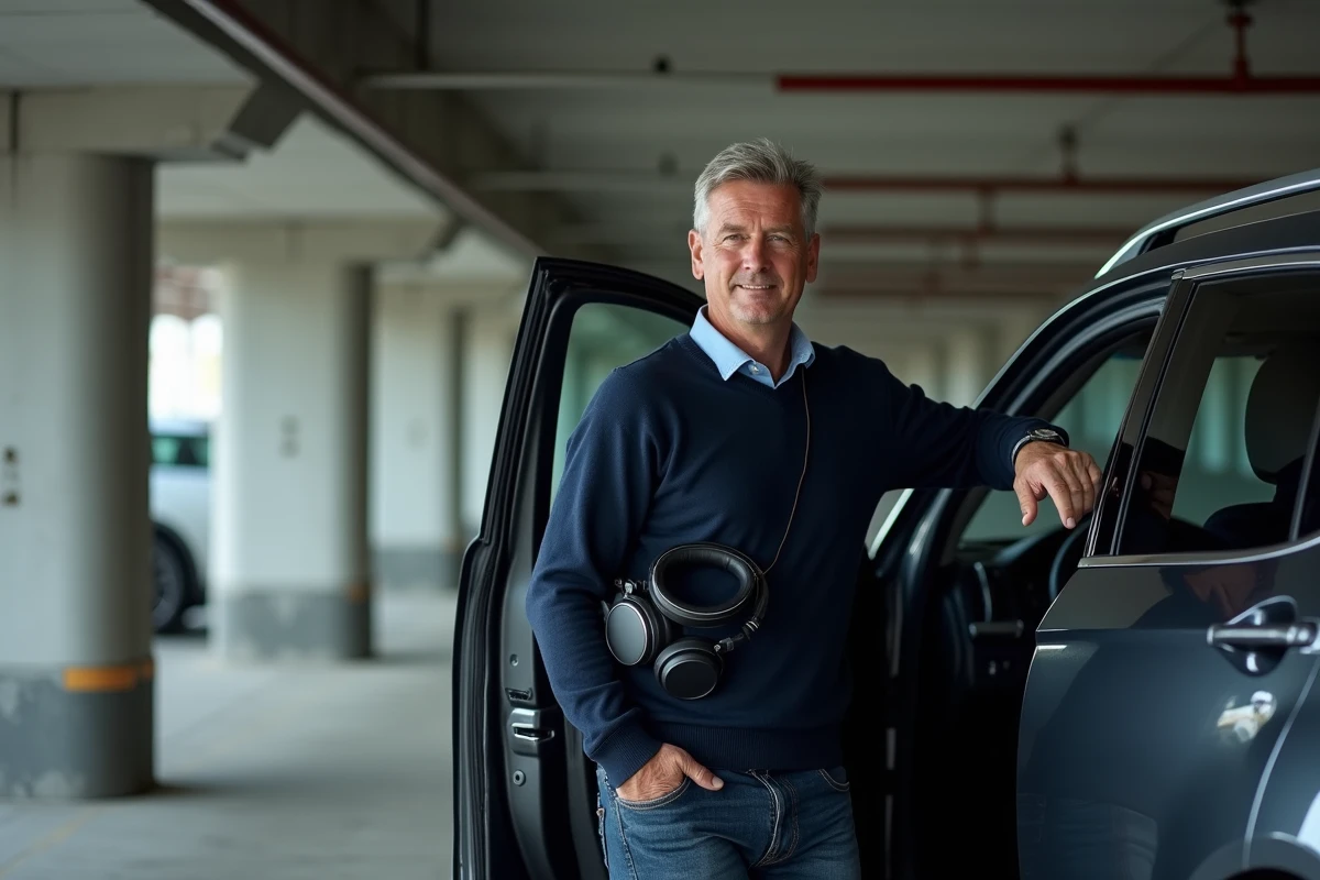 Homme tenant un casque audio près d'un SUV Peugeot 5008 dans un parking, référence à la musique mémorable de la publicité Peugeot 5008
