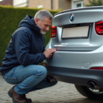 Homme moyenâge attachant une plaque d'immatriculation sur une voiture