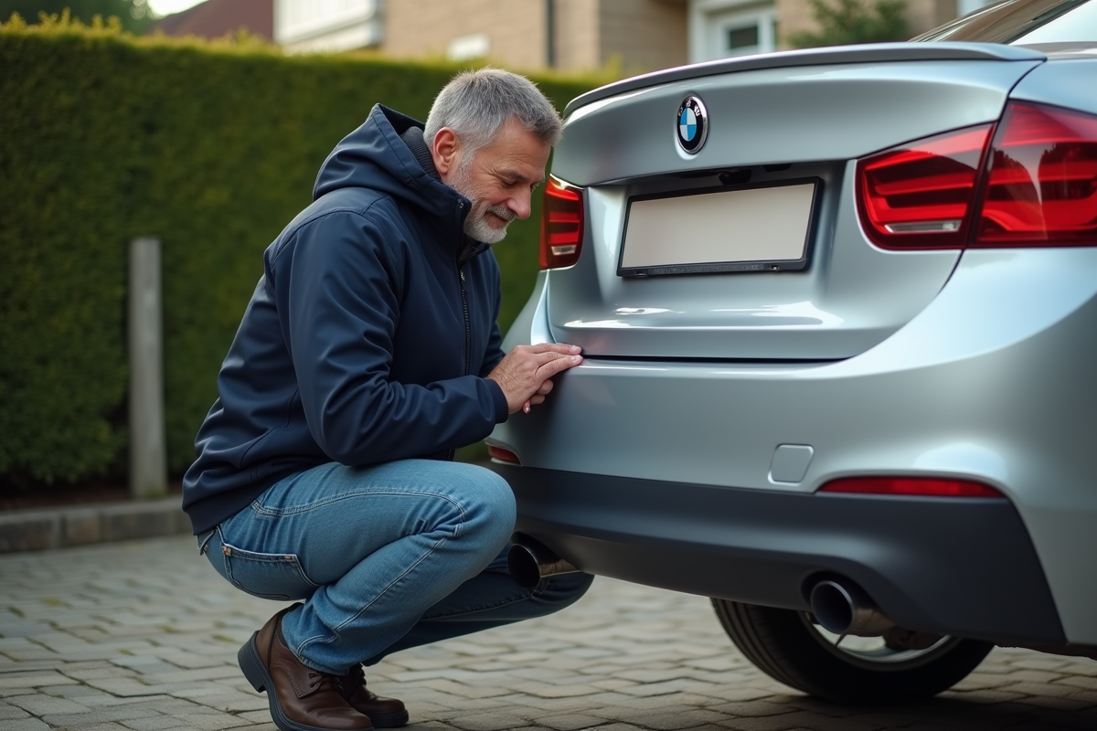 Homme moyenâge attachant une plaque d'immatriculation sur une voiture