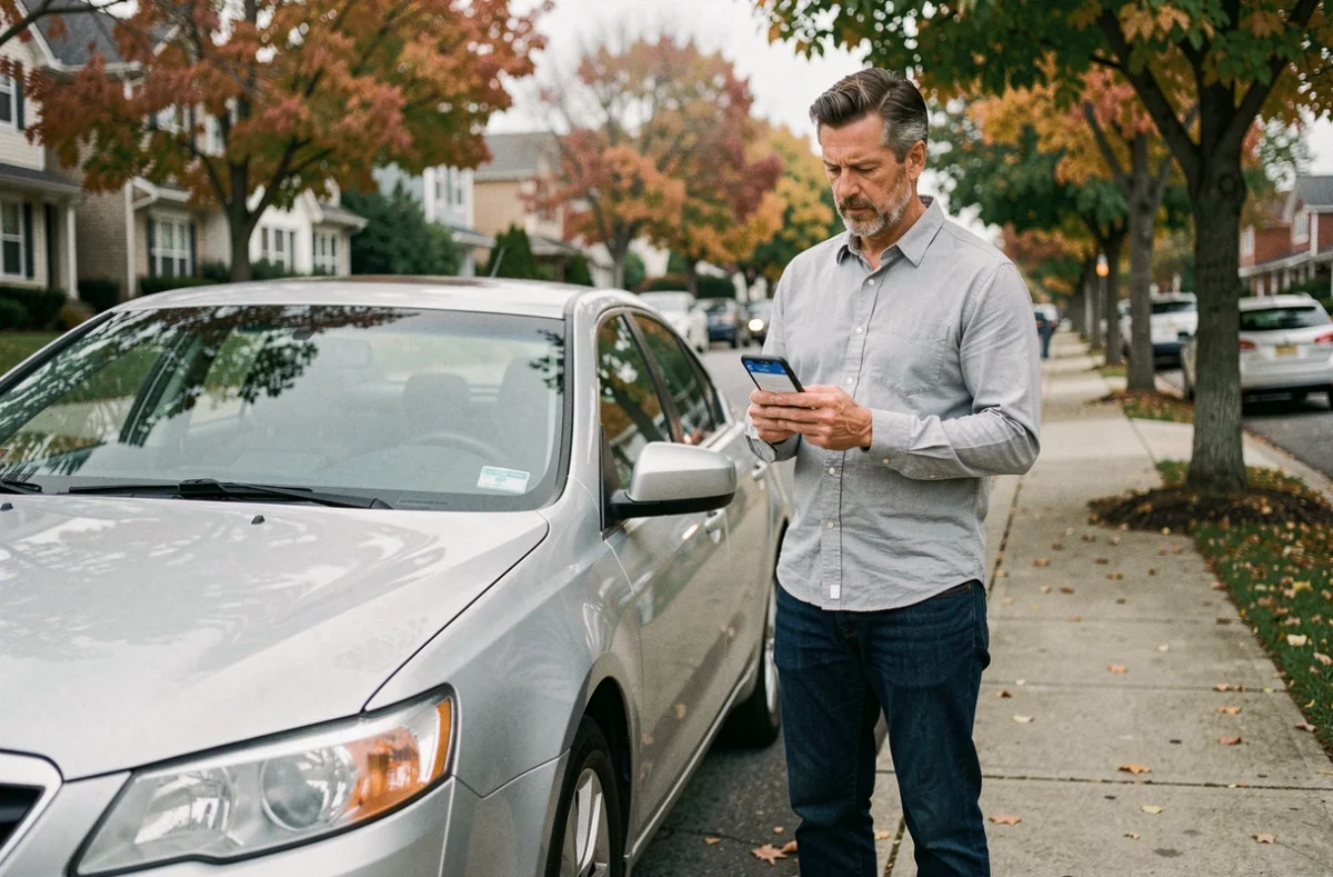 Homme debout près de sa voiture consultant une application de comparaison d'assurance auto