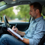 Homme d'âge moyen remplissant un carnet de carburant dans sa voiture