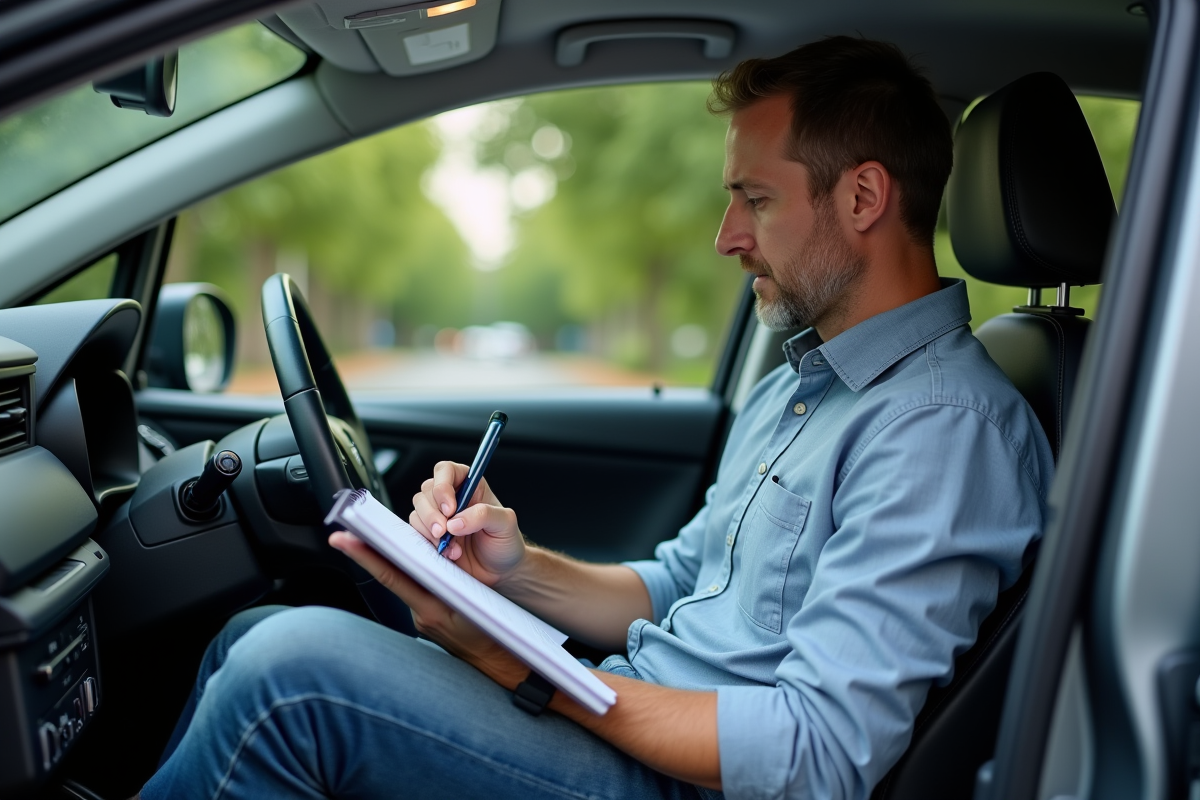 Homme d'âge moyen remplissant un carnet de carburant dans sa voiture