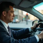 Homme d'âge moyen au volant d'une voiture moderne en ville